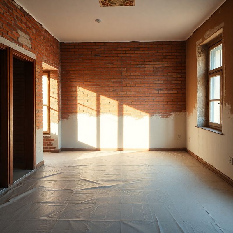 Apartament românesc în renovare, cu cărămidă expusă și folie de protecție pe pardoseală