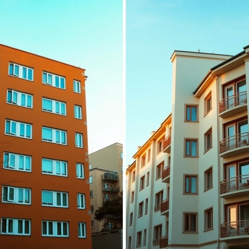 Compoziție split: bloc românesc din anii 1980 alături de o clădire rezidențială contemporană din Cluj