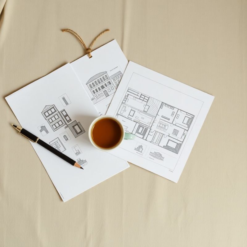 Schițe de arhitectură și un plan de apartament pe o suprafață texturată