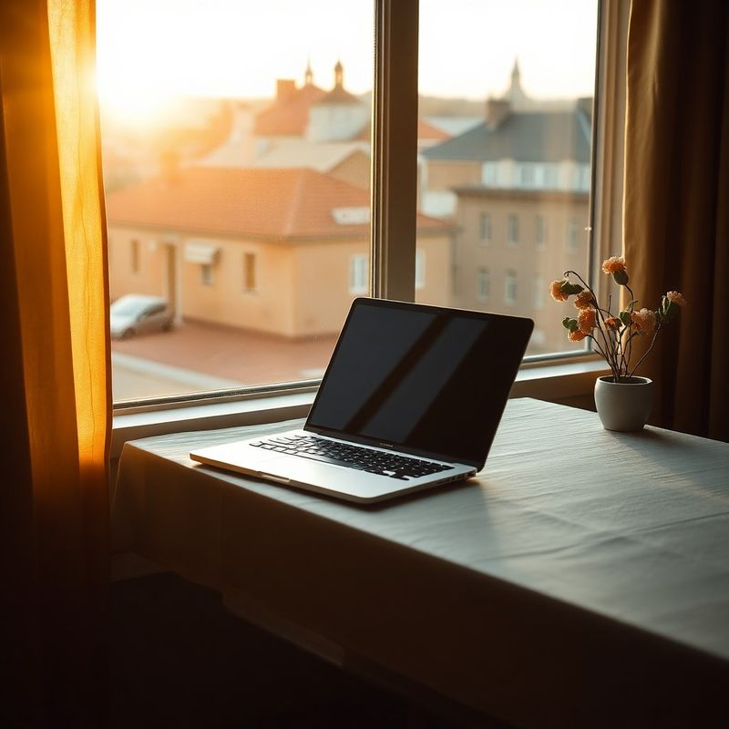 Laptop pe un birou cu față de masă verde-mint și vedere spre acoperișurile Clujului
